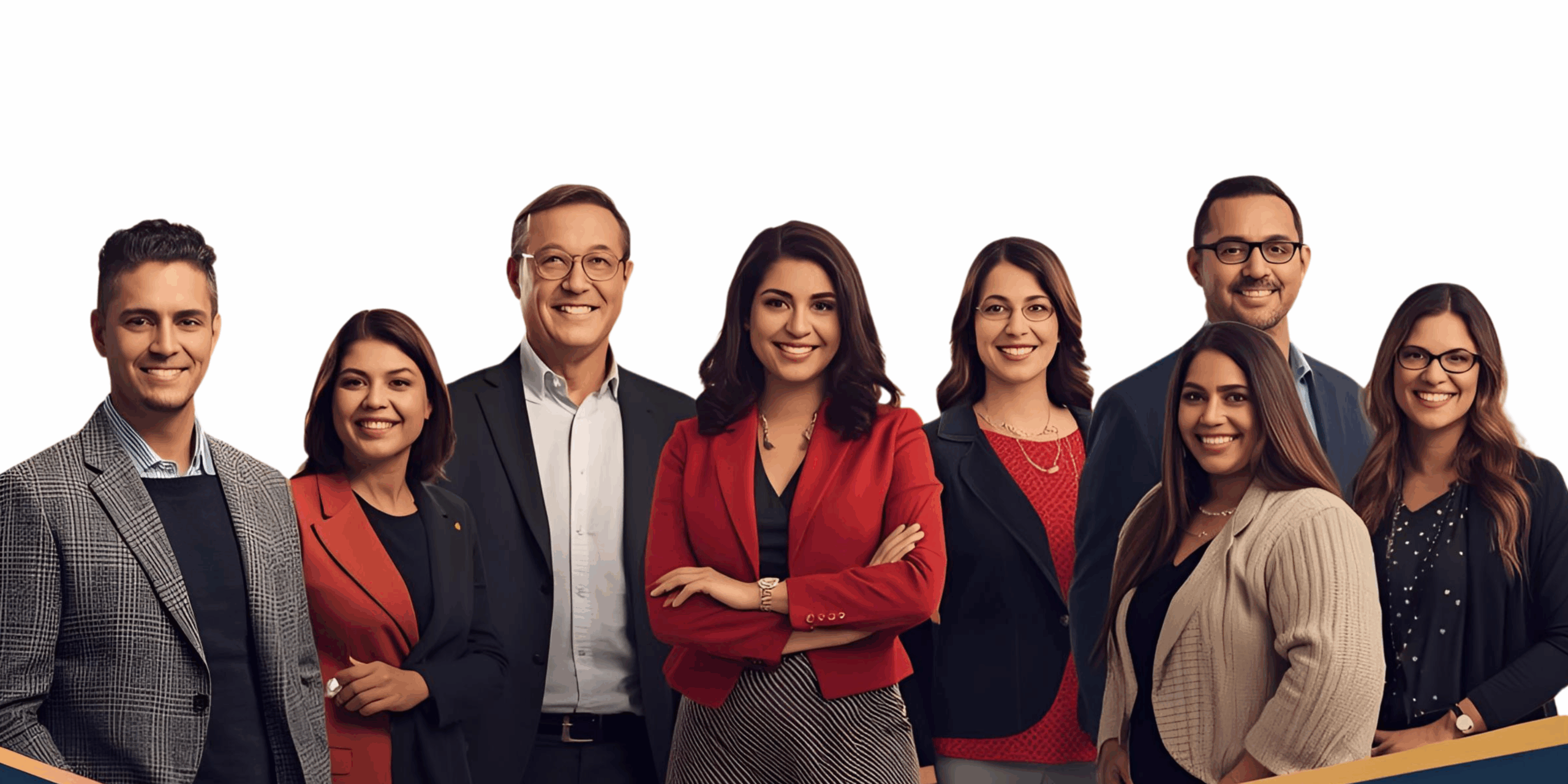 A diverse group of Latino educators and administrators stand confidently together, smiling in professional attire against a clean white background—projecting unity, leadership, and empowerment.